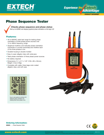 Extech Instruments 480400 Phase Sequence Tester Datasheet | Manualzz