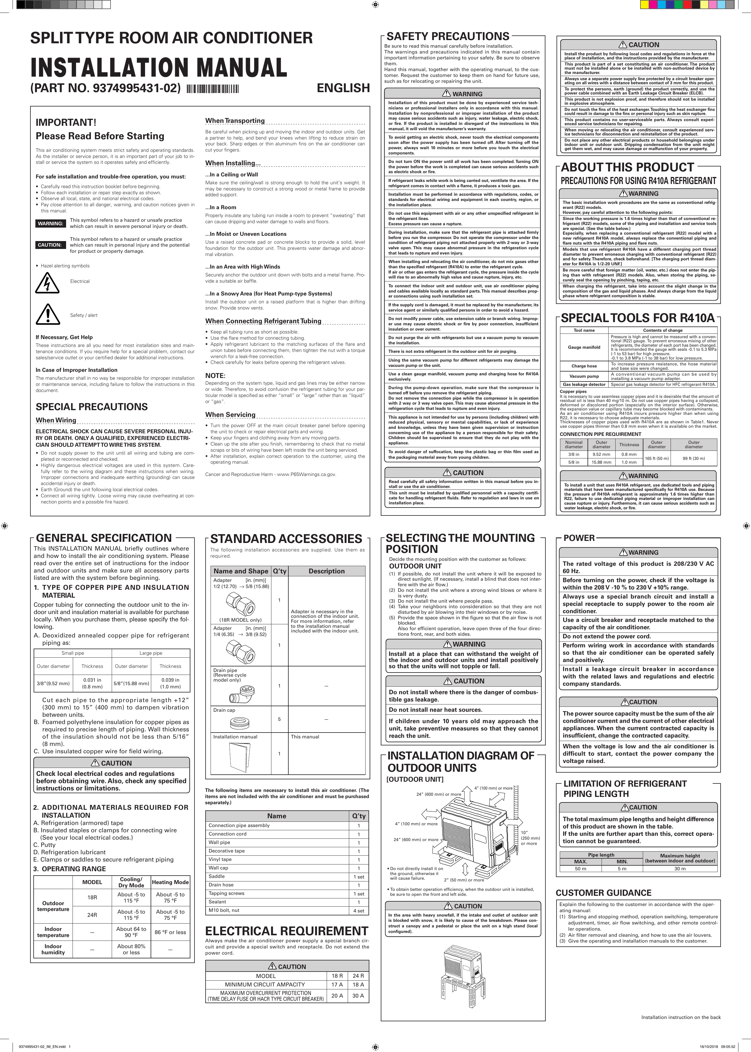 Fujitsu AOU18RLXFW1, AOU24RLXFW1 Installation guide | Manualzz