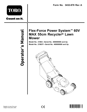 Toro Flex-Force Power System 60V MAX 55cm Recycler Lawn Mower Walk Behind Mower Operator's Manual | Manualzz
