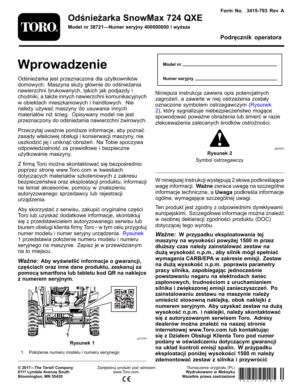 Toro SnowMax 724 QXE Snowthrower Instrukcja obsługi Manualzz