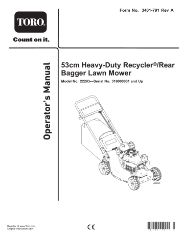 Toro 53cm Heavy-Duty Recycler/Rear Bagger Lawn Mower Walk Behind Mower Operator's Manual | Manualzz