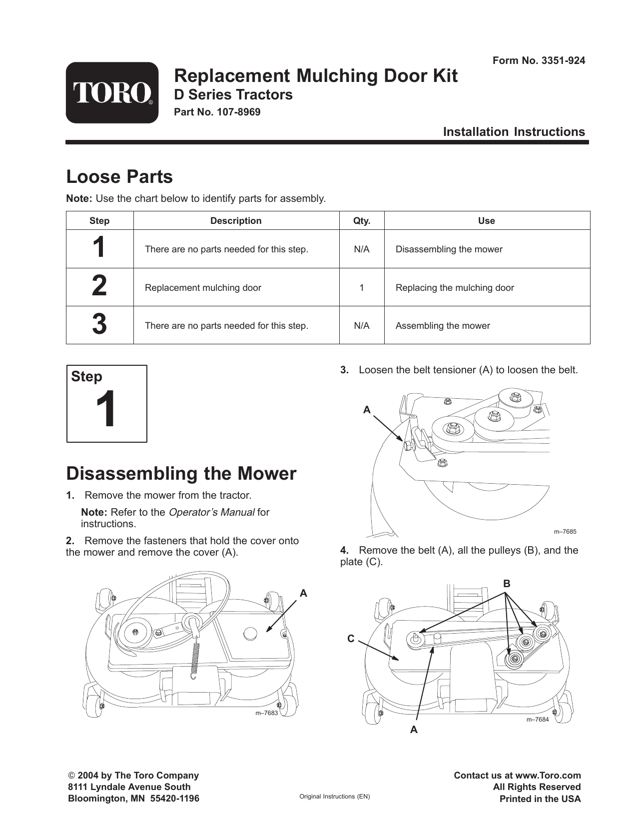Toro Replacement Mulching Door Kit, D Series Lawn Tractors Installation