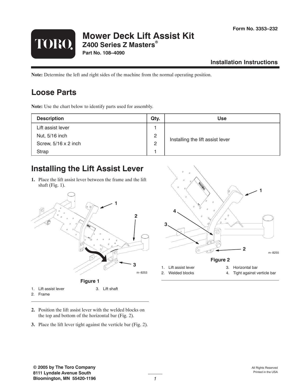 Toro Mower Deck Lift Assist Kit Z400 Series Z Master Attachment Installation Instruction Manualzz