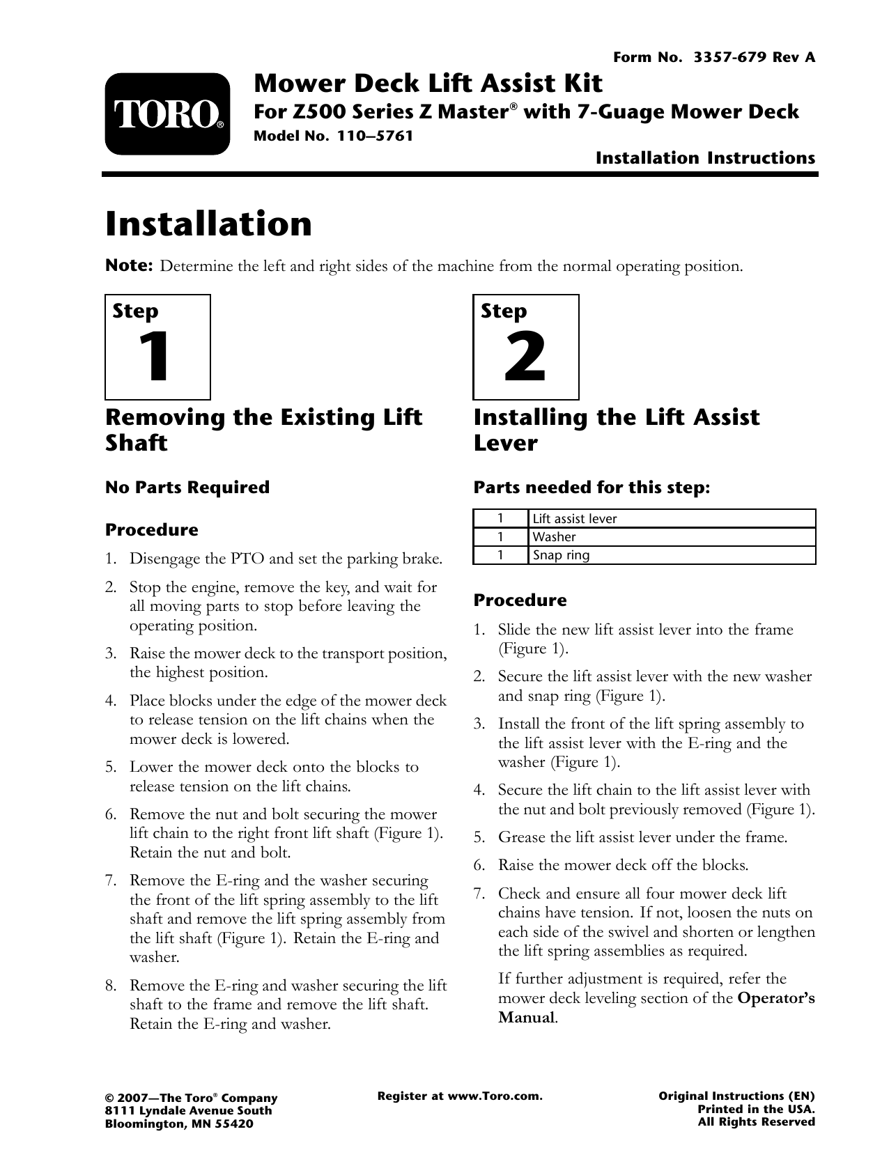 Toro Mower Deck Lift Assist Kit Z500 Series Z Master Riding Product Installation Instruction Manualzz