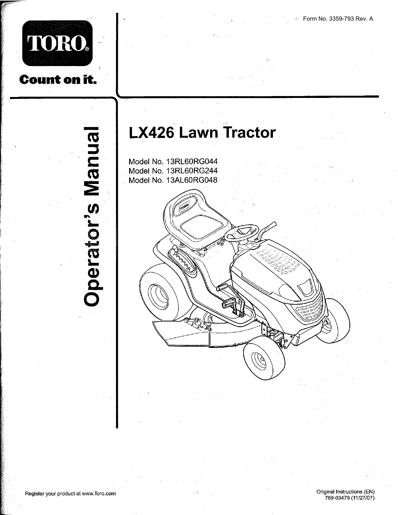 Toro Lx426 Lawn Tractor User Manual Manualzz