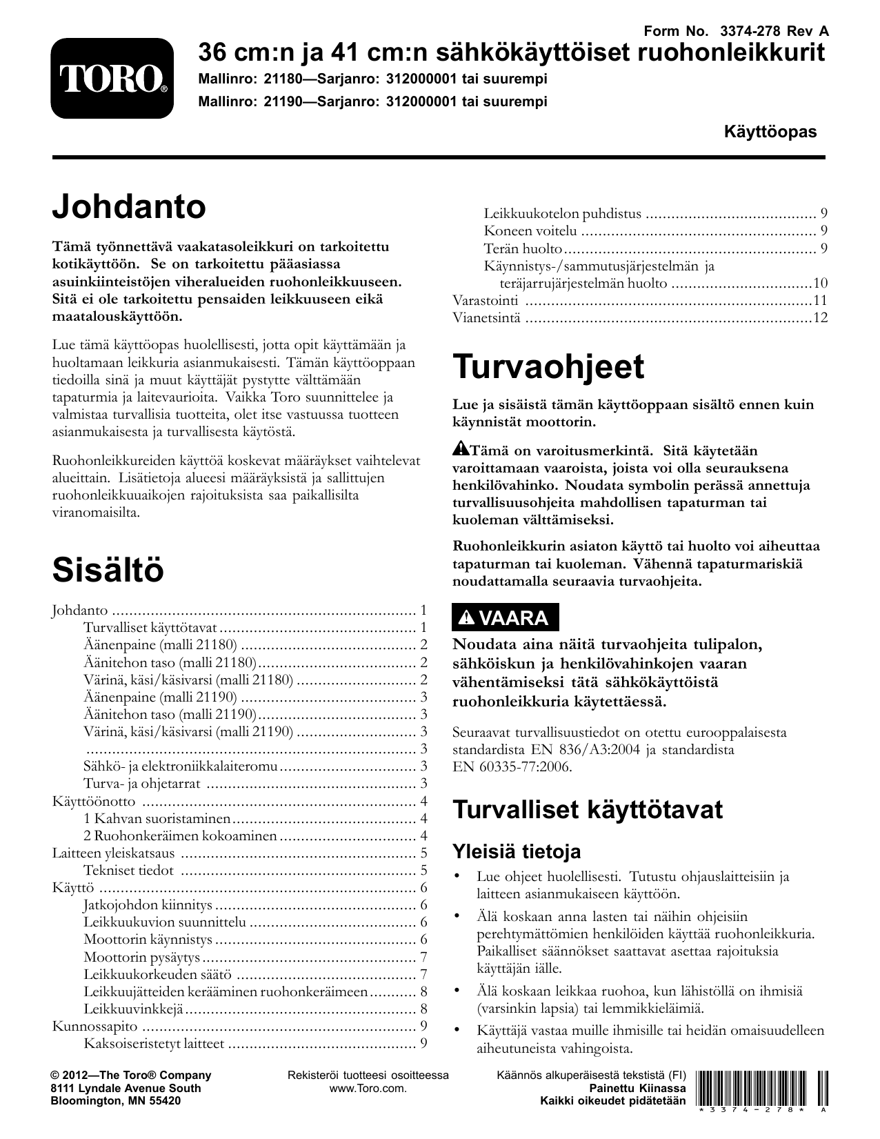 Toro 36cm Electric Lawn Mower Walk Behind Mower Kasutusjuhend | Manualzz