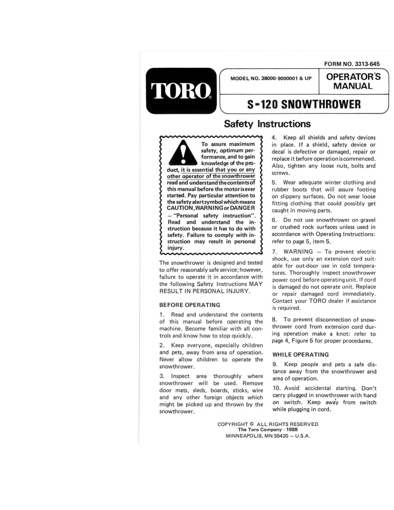 Toro S-120 Snowthrower Operator's Manual | Manualzz Manualzz