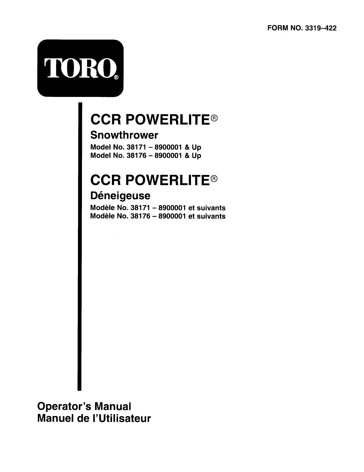 Toro CCR Powerlite Snowthrower Operator's Manual | Manualzz