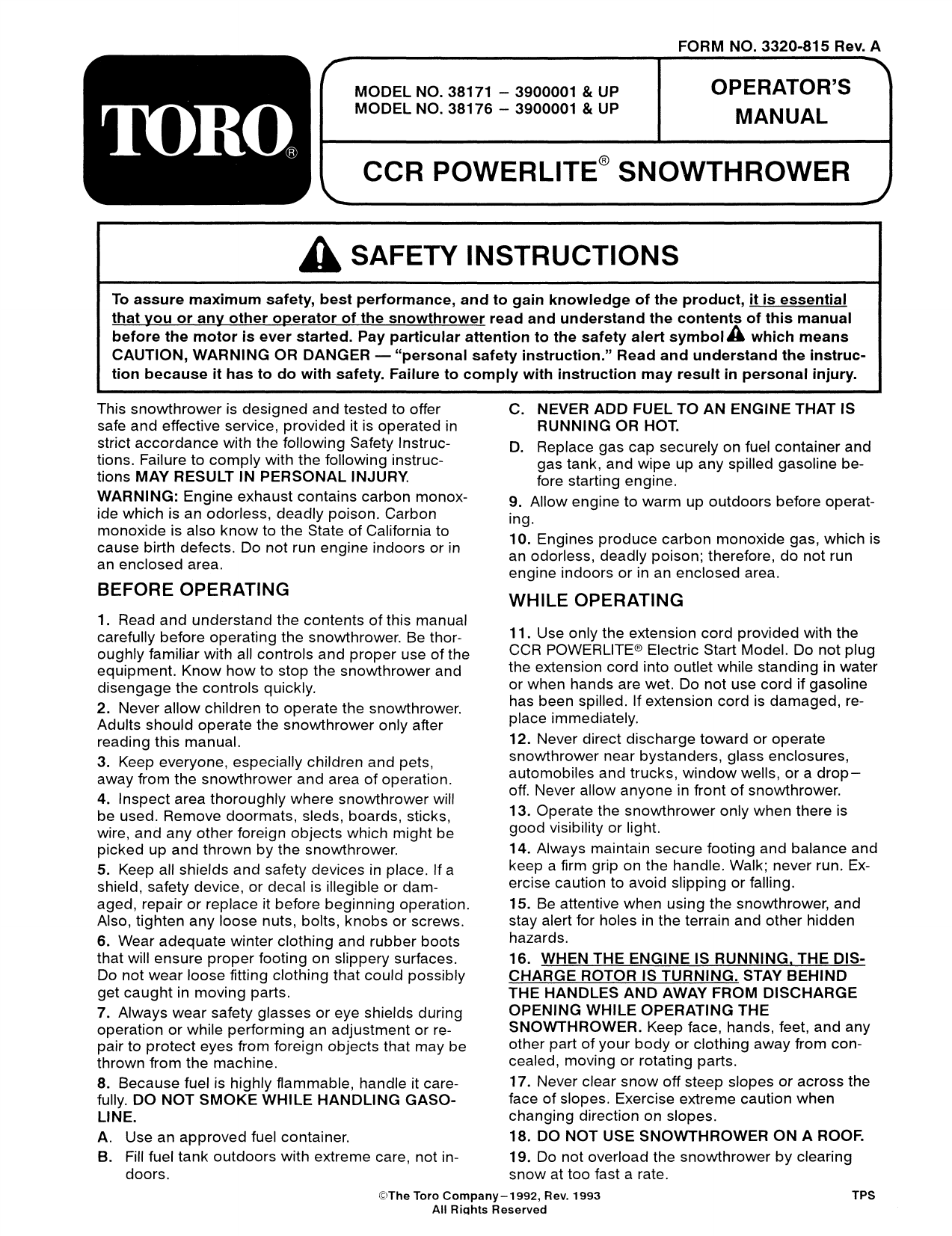 Toro Ccr Powerlite 3 Hp Snowblower Manual
