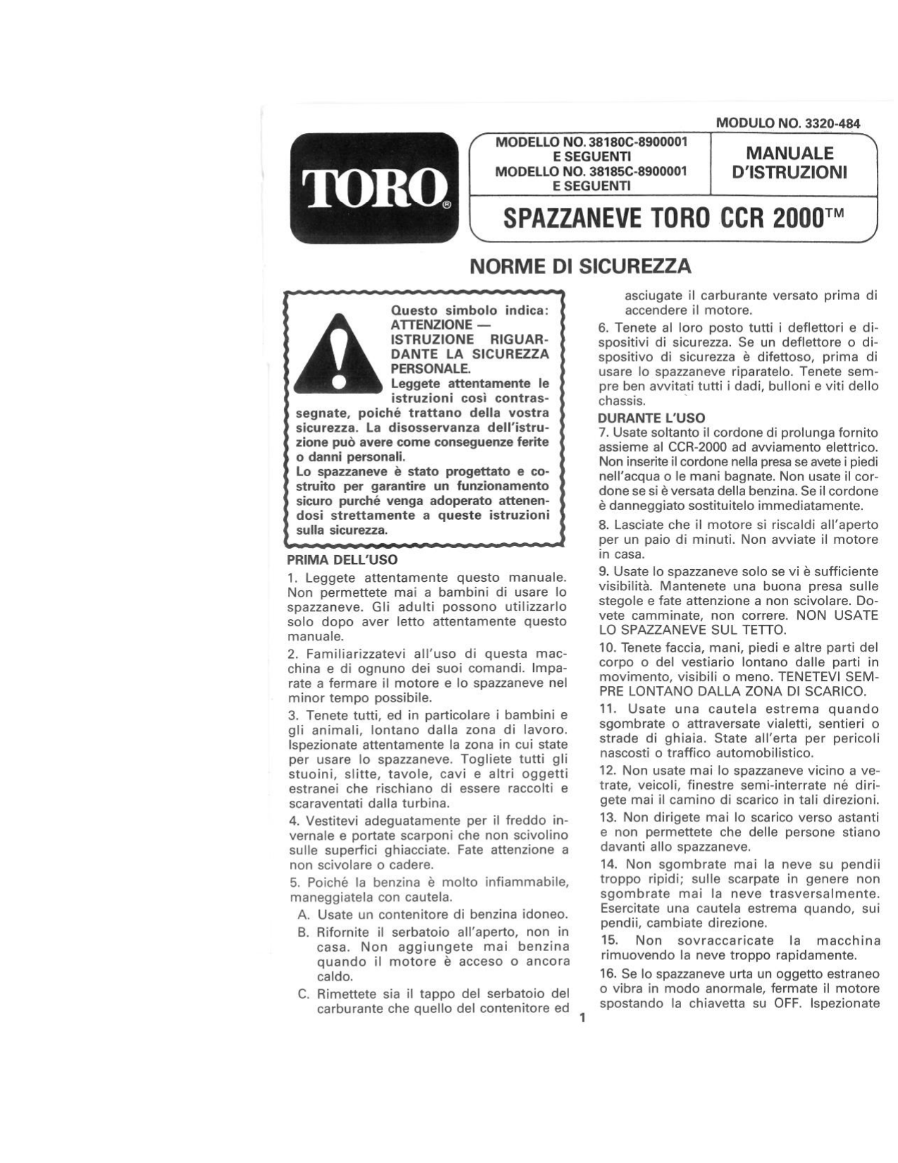 Toro CCR 2000 Snowthrower Manuale utente | Manualzz