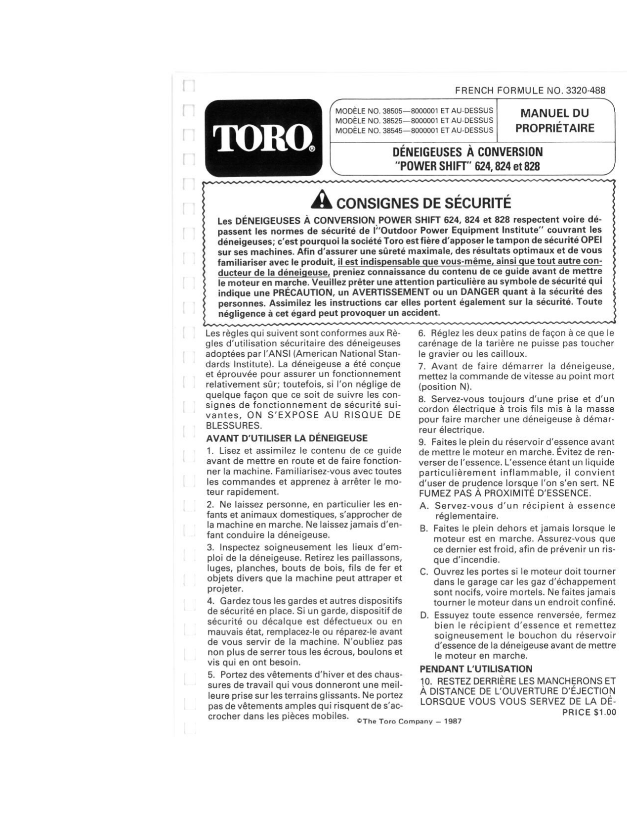 Toro 624 Power Shift Snowthrower, 828 Power Shift Snowthrower, 724