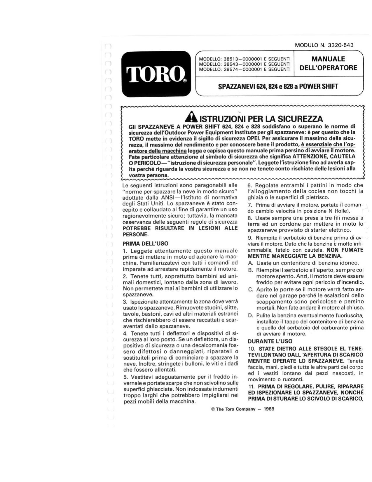 Toro 624 Power Shift Snowthrower Manuale utente | Manualzz