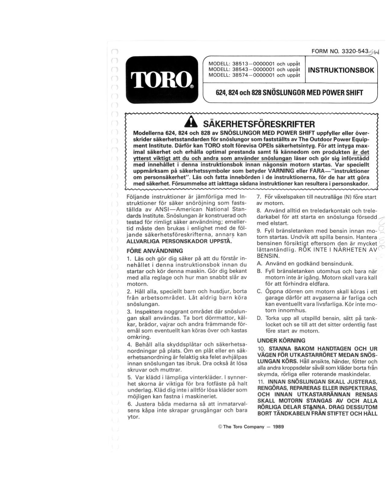 Toro 624 Power Shift Snowthrower Användarmanual | Manualzz