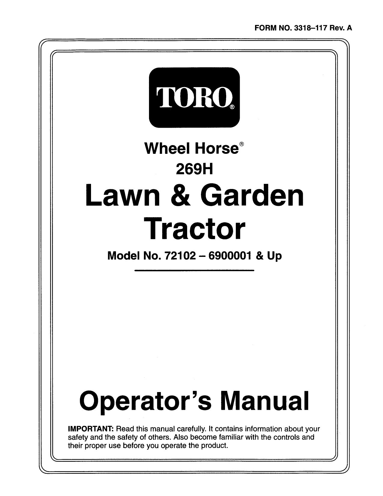 Toro wheel horse discount 269h