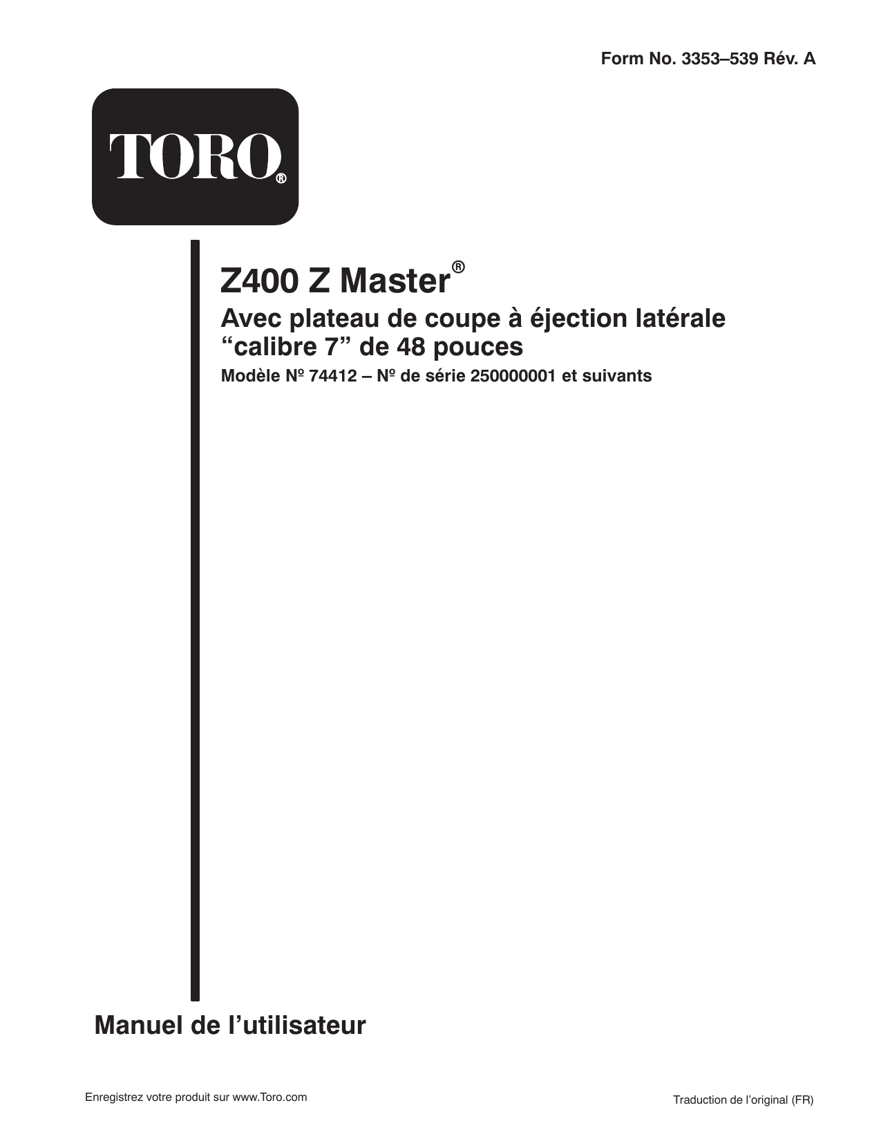 Toro Z400 Z Master, With 48in 7Gauge Side Discharge Mower Riding