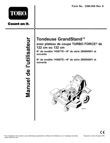 Toro GrandStand Mower, With 122cm TURBO FORCE Cutting Unit Riding Product Manuel utilisateur | Manualzz