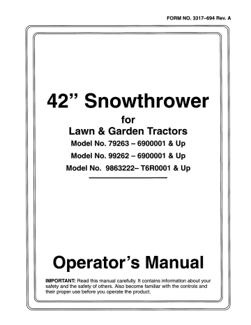 Toro 42" Snowthrower, 260 Series Lawn and Garden Tractors Attachment