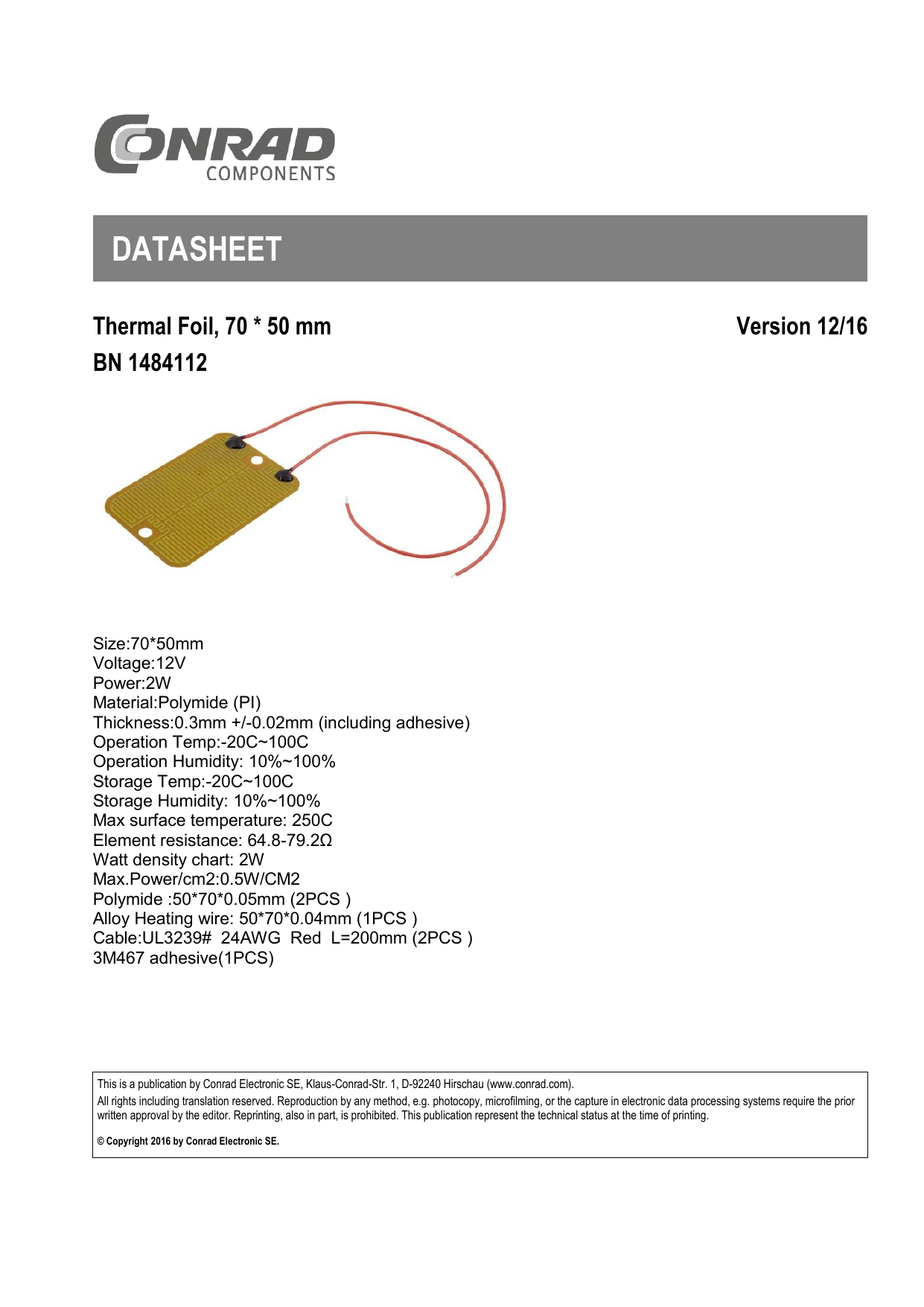 Conrad Components Polyamide Heating Foil 12 V Dc 2 W L X W 70 Mm X 50 Mm Datasheet Manualzz