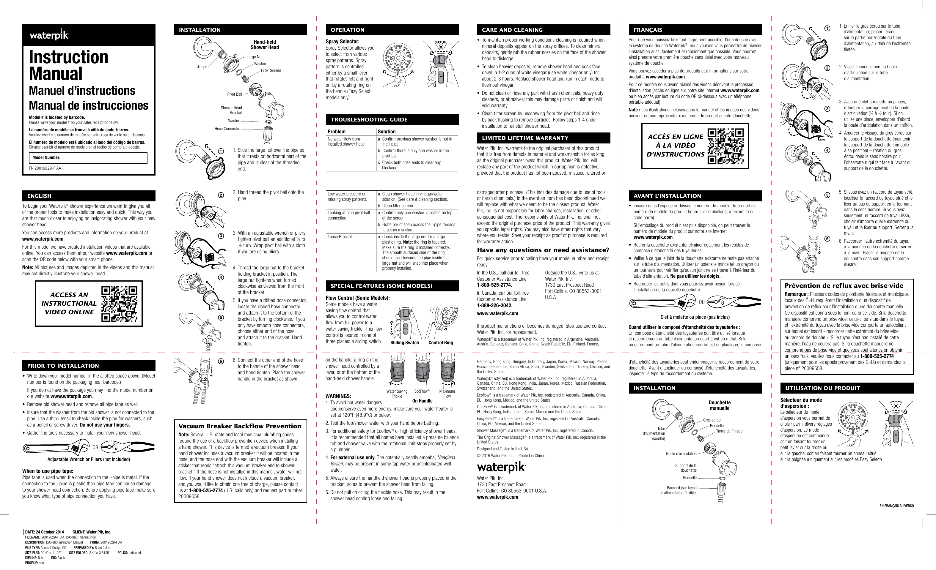 Waterpik NSC659E PowerSpray+ Hand Held Shower Head Instruction Manual
