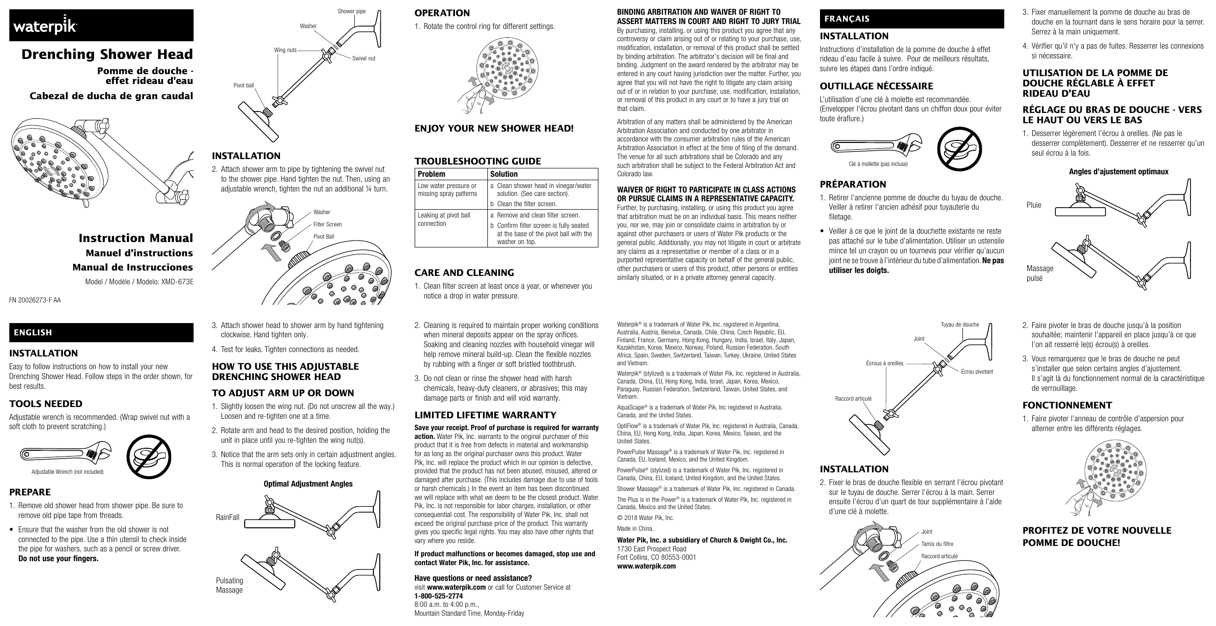 Waterpik XMD673E PowerPulse Massage Rain Shower Head Instruction