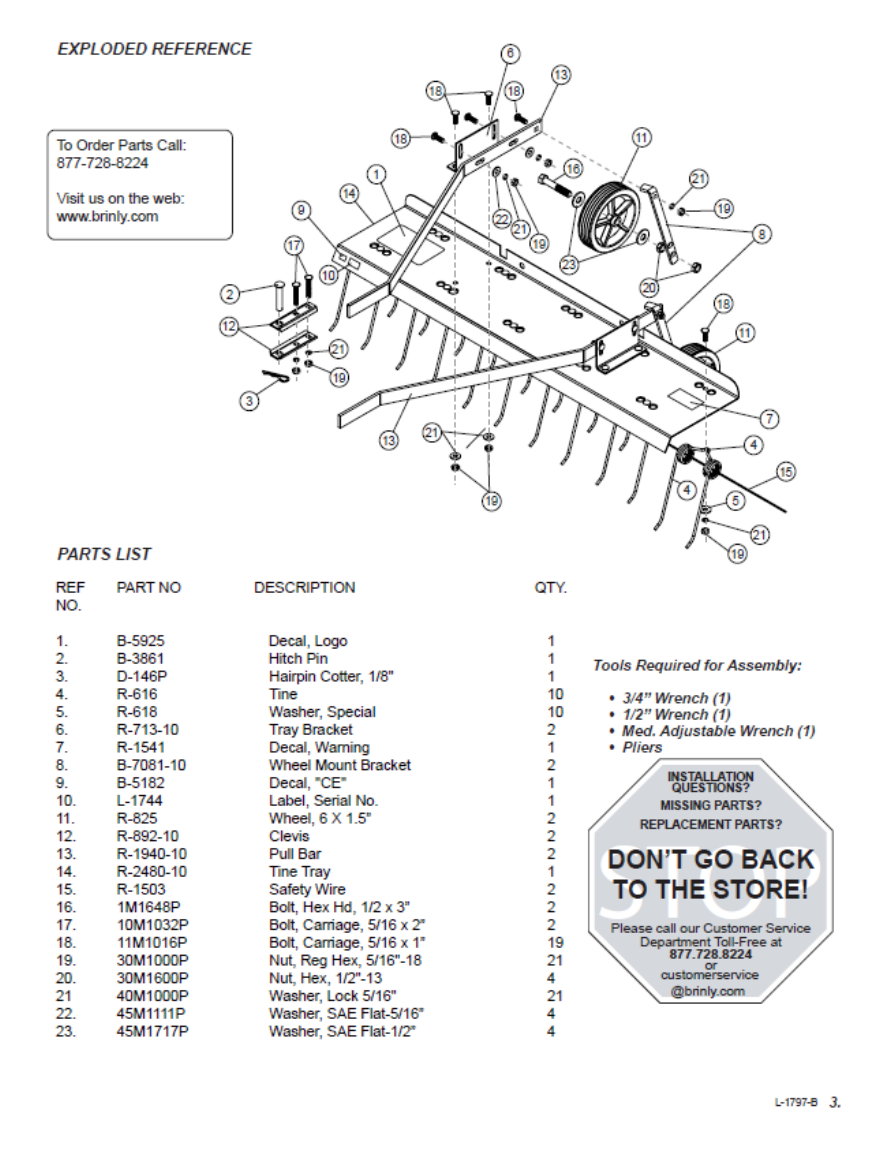 BrinlyHardy DT40BH 40 in. TowBehind Dethatcher Replacement Part List