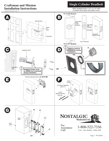 Nostalgic Warehouse Craftsman Plate 2-3/8 in. Backset Double Cylinder Deadbolt Instructions | Manualzz