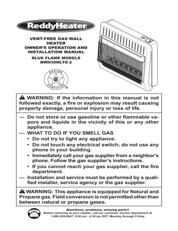 Reddy Heater BWH30BFLPDC 30,000 BTU Unvented Blue Flame Propane Gas Wall  Heater Manual | Manualzz