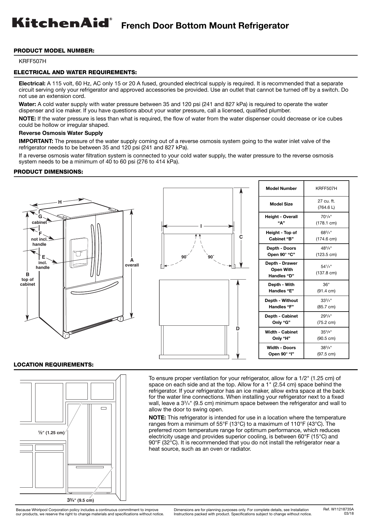 standard refrigerator width and height