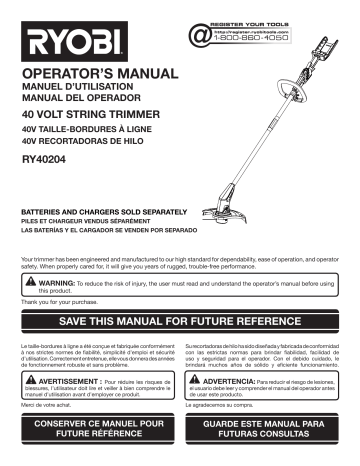 RYOBI RY40204A 40-Volt Lithium-Ion Cordless String Trimmer - Battery ...