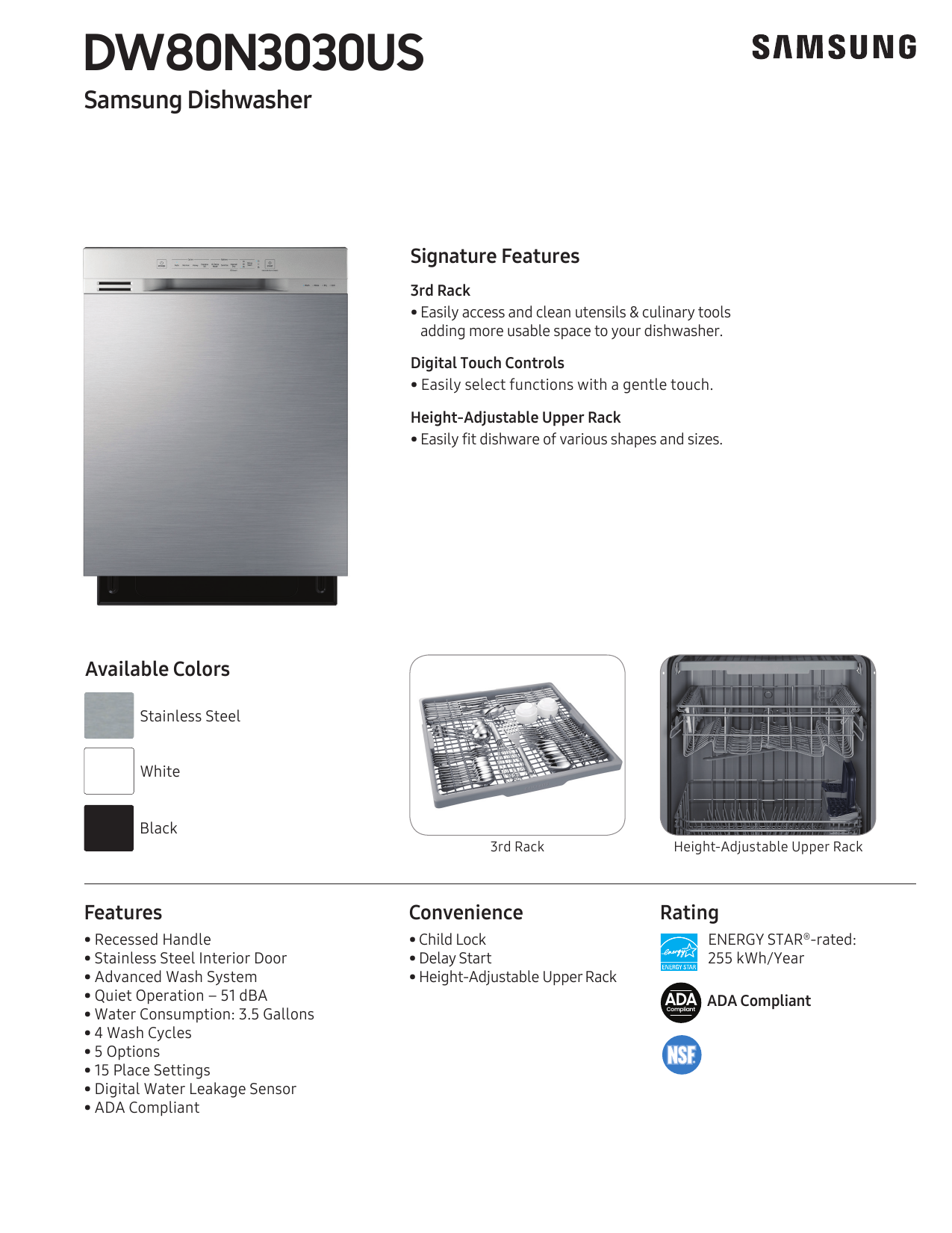 Samsung DW80N3030UB 51Decibel Filtration BuiltIn Dishwasher ENERGY