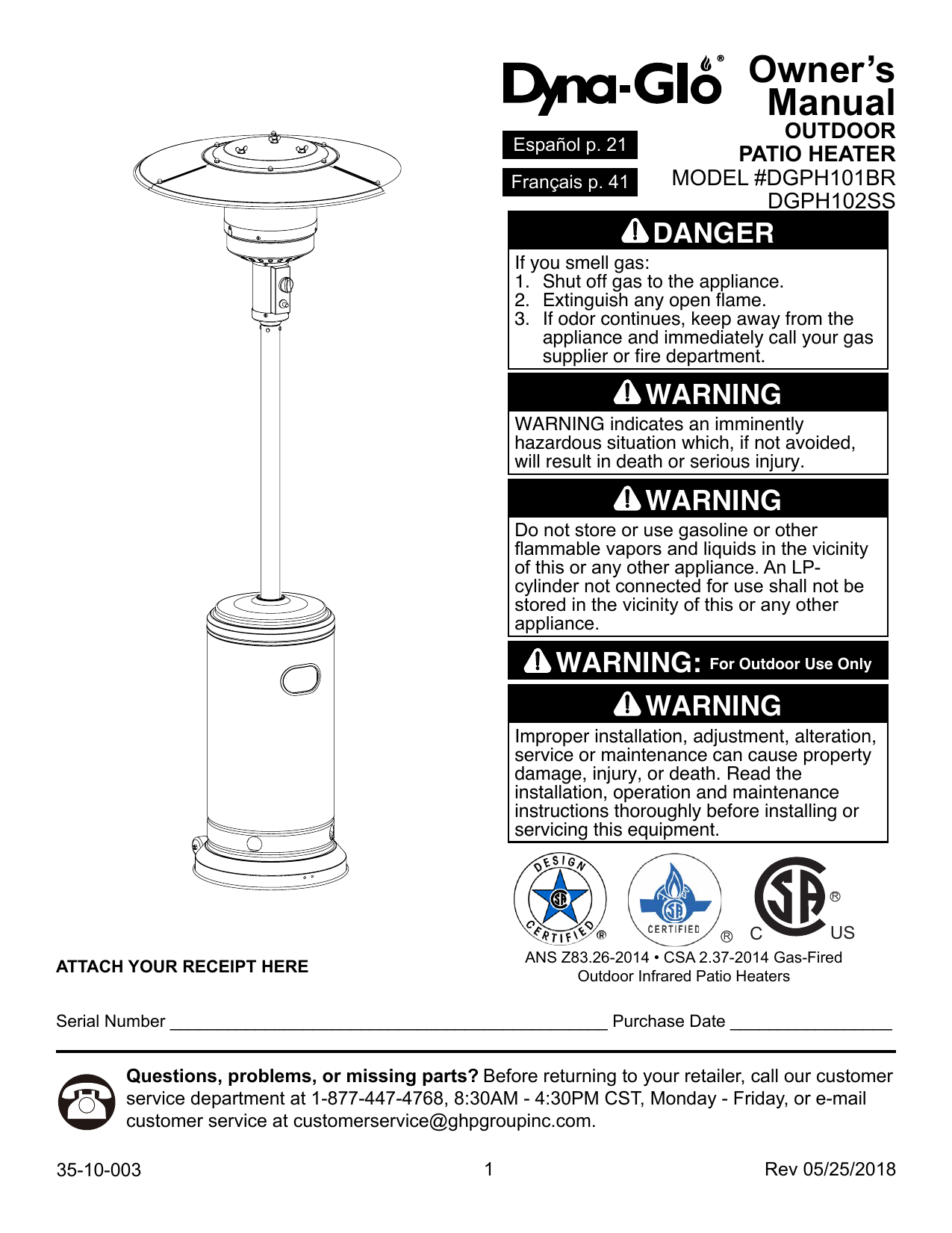 DynaGlo DGPH102SS 41,000 BTU Deluxe Stainless Steel Gas Patio Heater