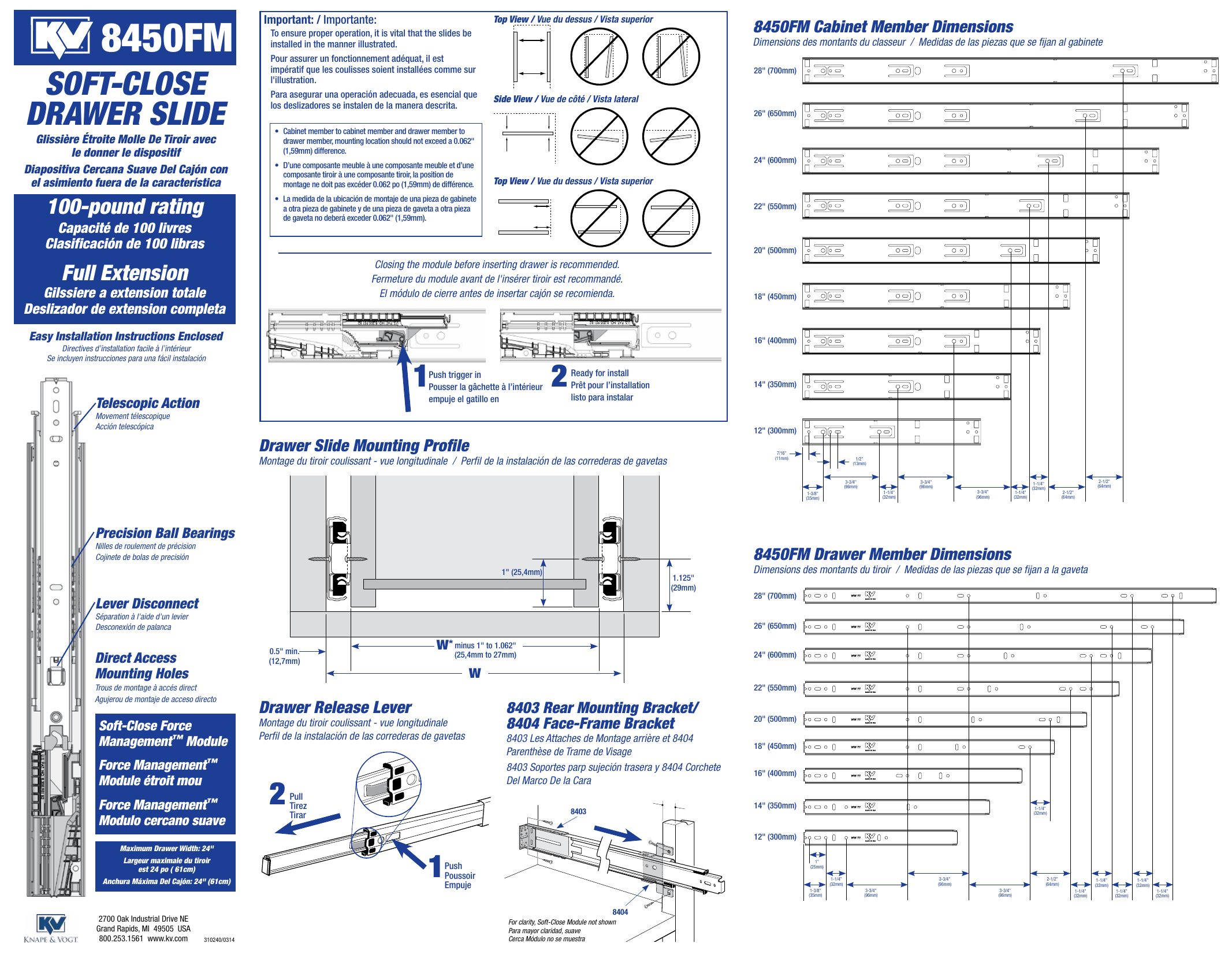 Knape & Vogt 8450FMP 16 8450FMP Series 16 in. Anochrome SoftClose