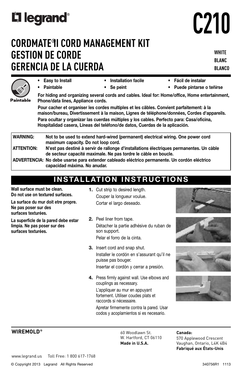 Legrand Wiremold CordMate II 5-ft x 1-in PVC White Straight