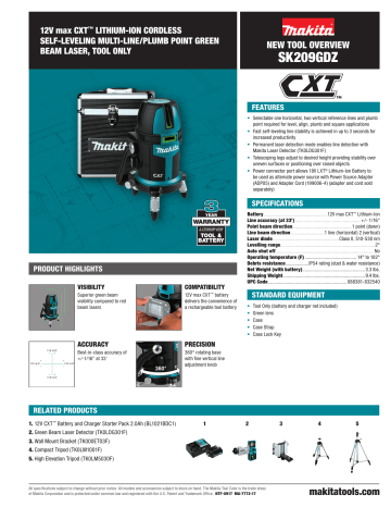 Makita SK209GDZ 12-Volt Max CXT Self-Leveling Multi-Line/Plumb Point Green Beam Laser Level (Tool-Only) Product Brochure | Manualzz