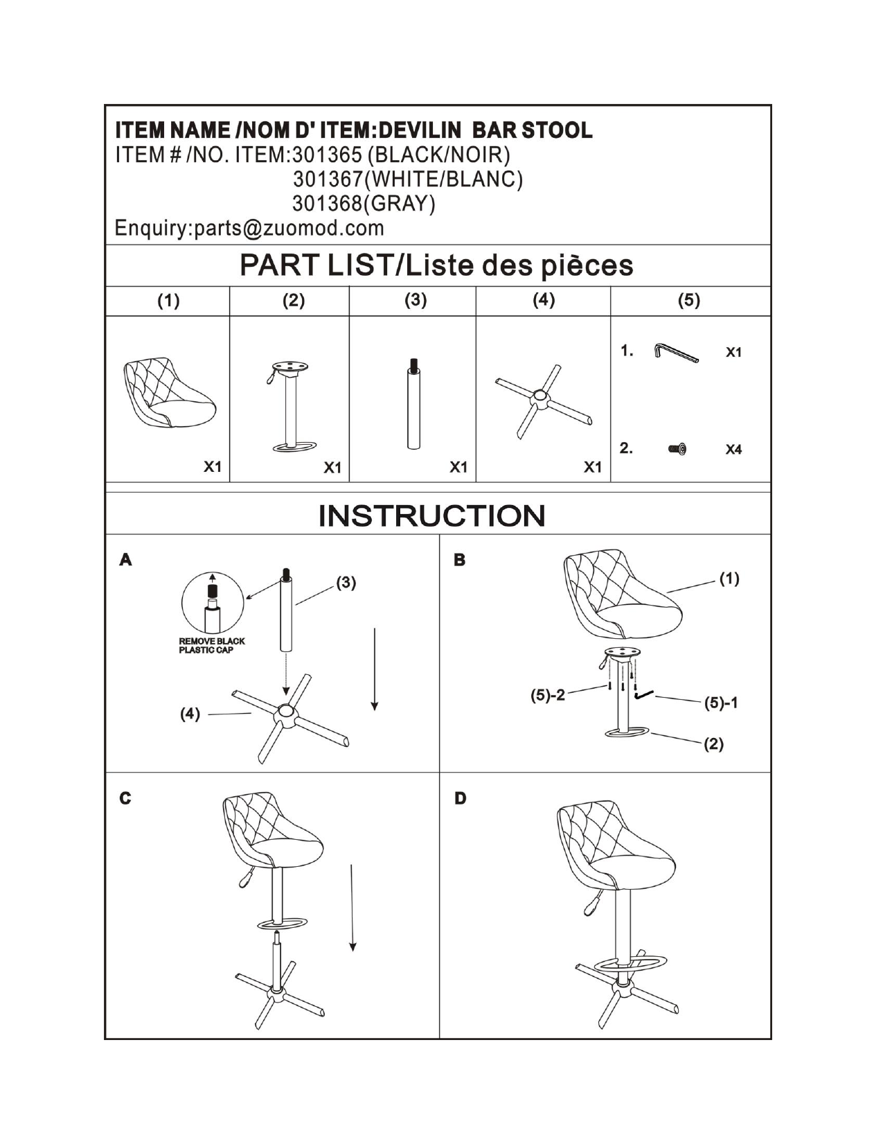 ZUO 301367 Devilin Adjustable Height Chrome Cushioned Bar Stool