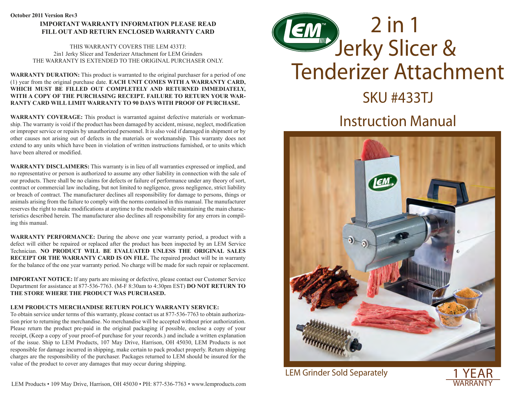 Lem 433TJ 2 in 1 Jerky Slicer and Tenderizer Attachment