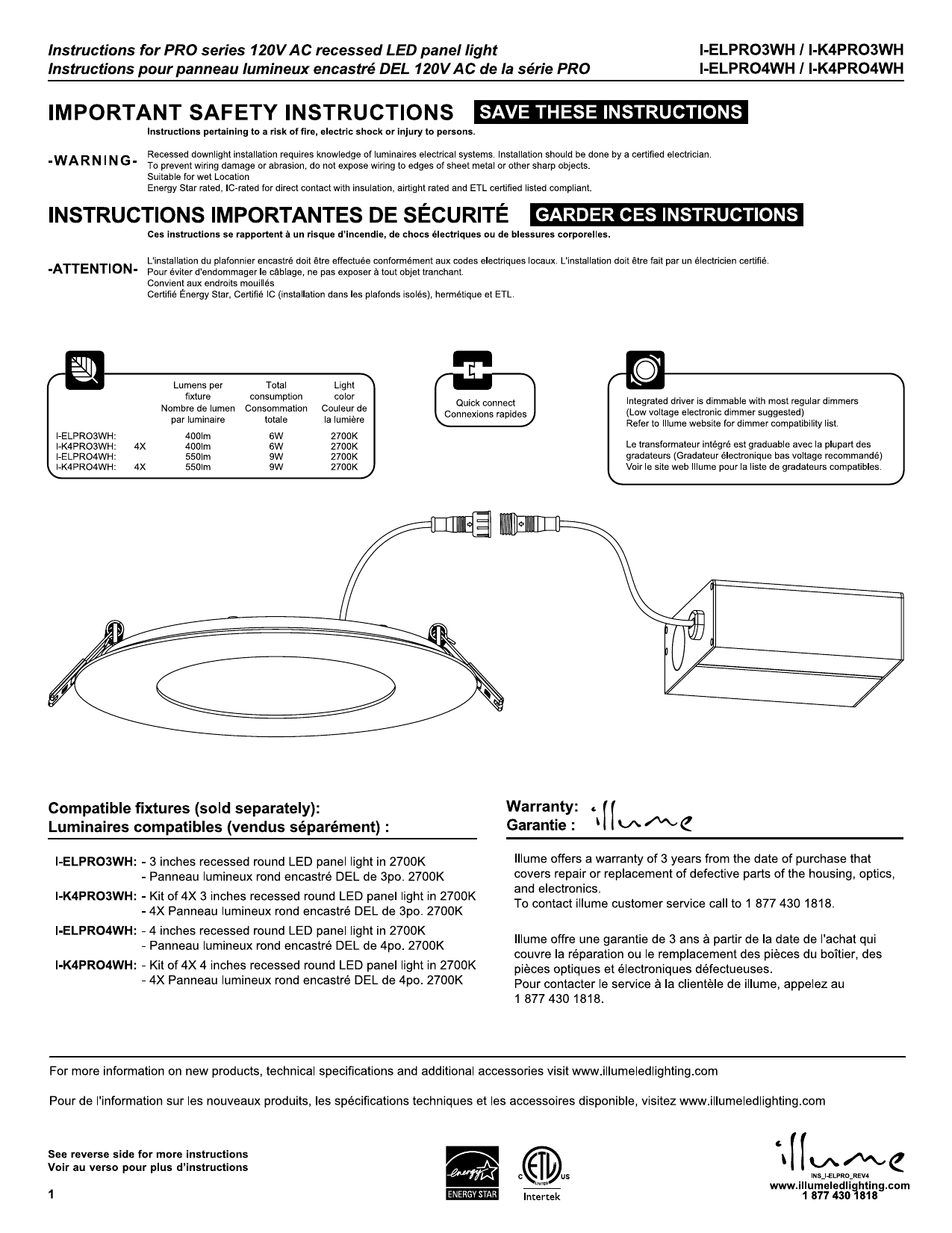 Illume Lighting I-K4PRO3WH, I-K4PRO4WH, I-ELPRO4WH, I-ELPRO3WH ...