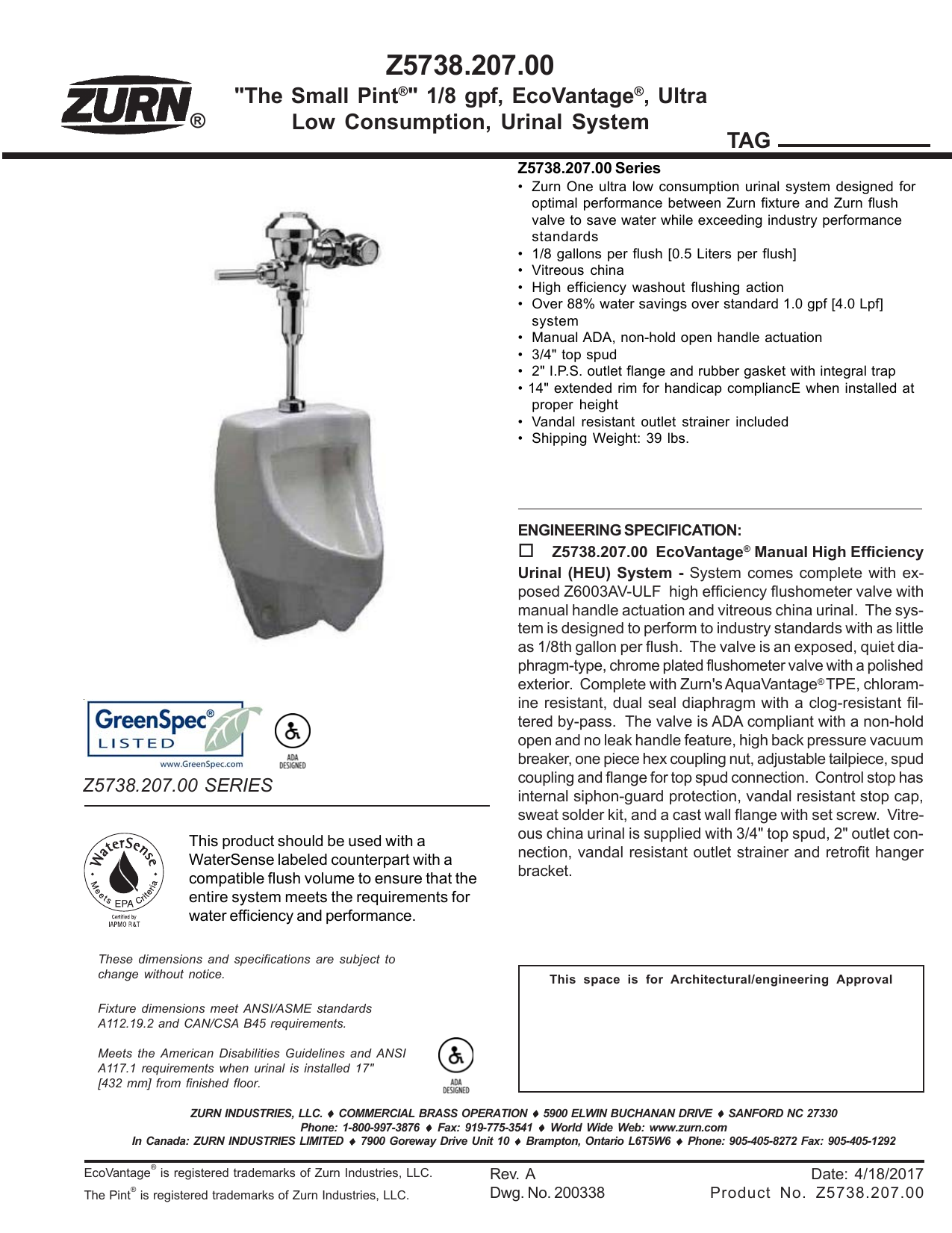 Zurn Z5738.207.00 1-Pint Per Flush High Efficiency Urinal System Top Spud Small Footprint Urinal with Manual DiapragmFlush Valve Zurn Industries