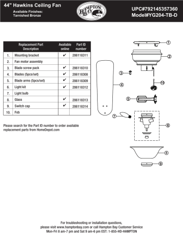 Tarnished Bronze Ceiling Fan Replacement Parts Hawkins 44 in 