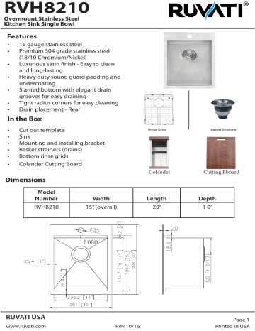 Ruvati RVH8210 15 x 20 in. Workstation Drop-In Topmount Bar Prep RV Sink 16 Gauge Stainless Steel