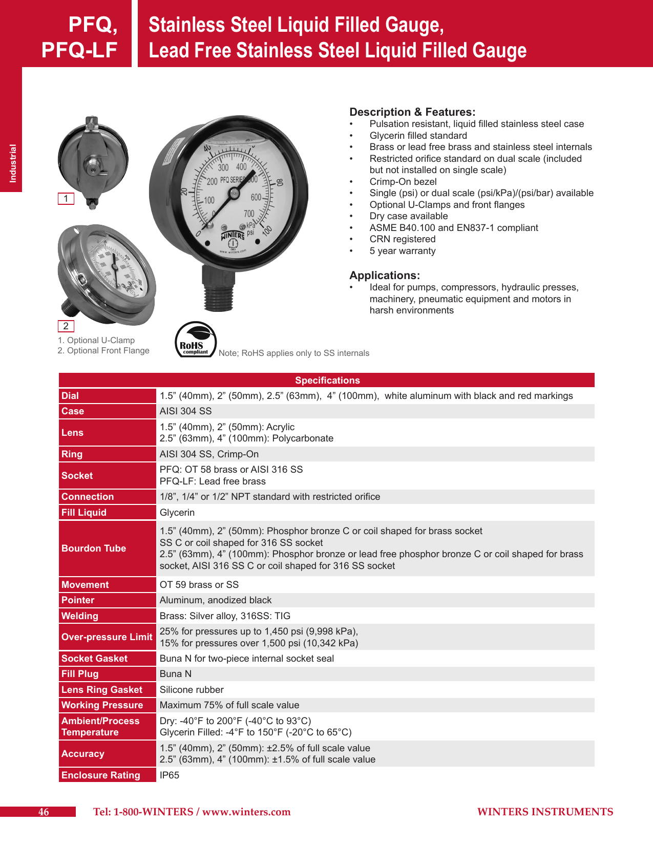 WINTERS INSTRUMENTS PFQ2490-DRY-2FF Pressure Gauge,2" Dial Size,Silver 