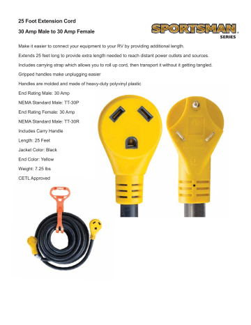 Sportsman CORDE3025 25 ft. 125 Volt 30 Amp Extension Cord Replacement Part List | Manualzz
