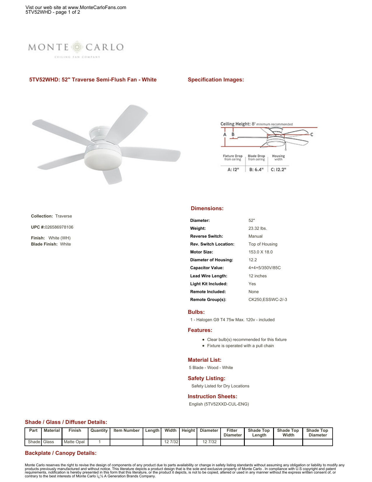 Monte Carlo Ceiling Fan Installation Manual Shelly Lighting