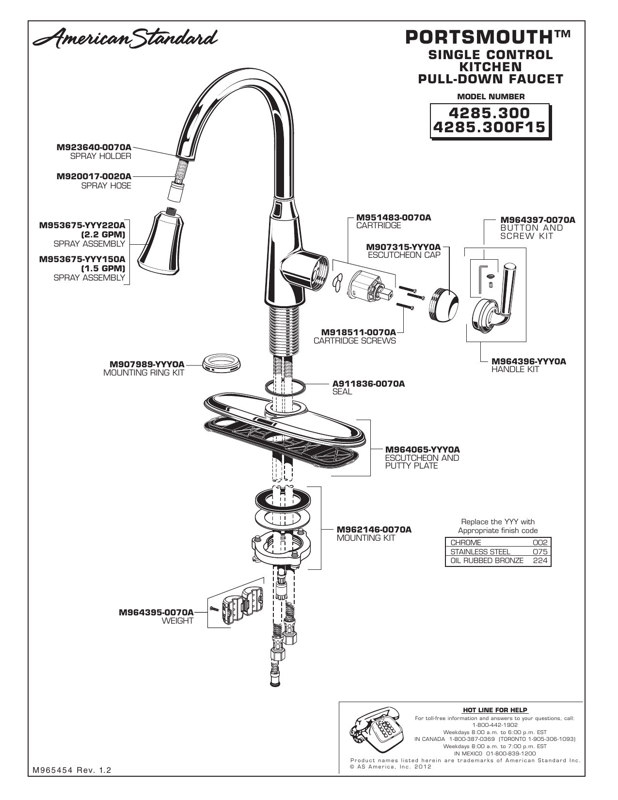 American Standard 4285 300 075 Portsmouth Single Handle Pull Down Sprayer Kitchen Faucet 1 8 Gpm In Stainless Steel Replacement Part List Manualzz