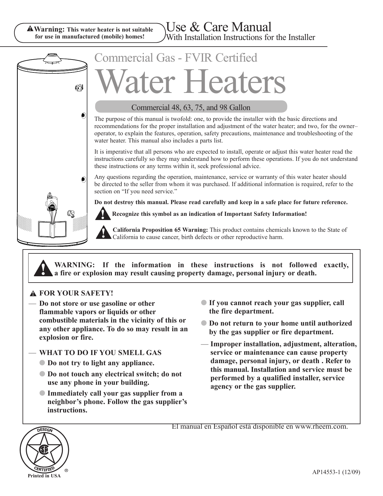 Rheem G75-75N-3 Commercial Medium Duty 75 Gal. 75K BTU Low NOx (LN) Natural  Gas Tank Water Heater Instructions / Assembly | Manualzz