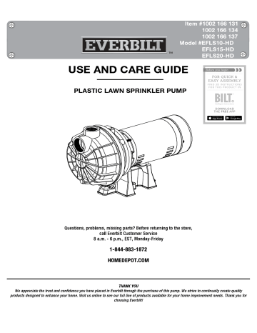 Everbilt EFLS15-HD 1-1/2 HP Plastic Lawn Sprinkler Pump Manual | Manualzz