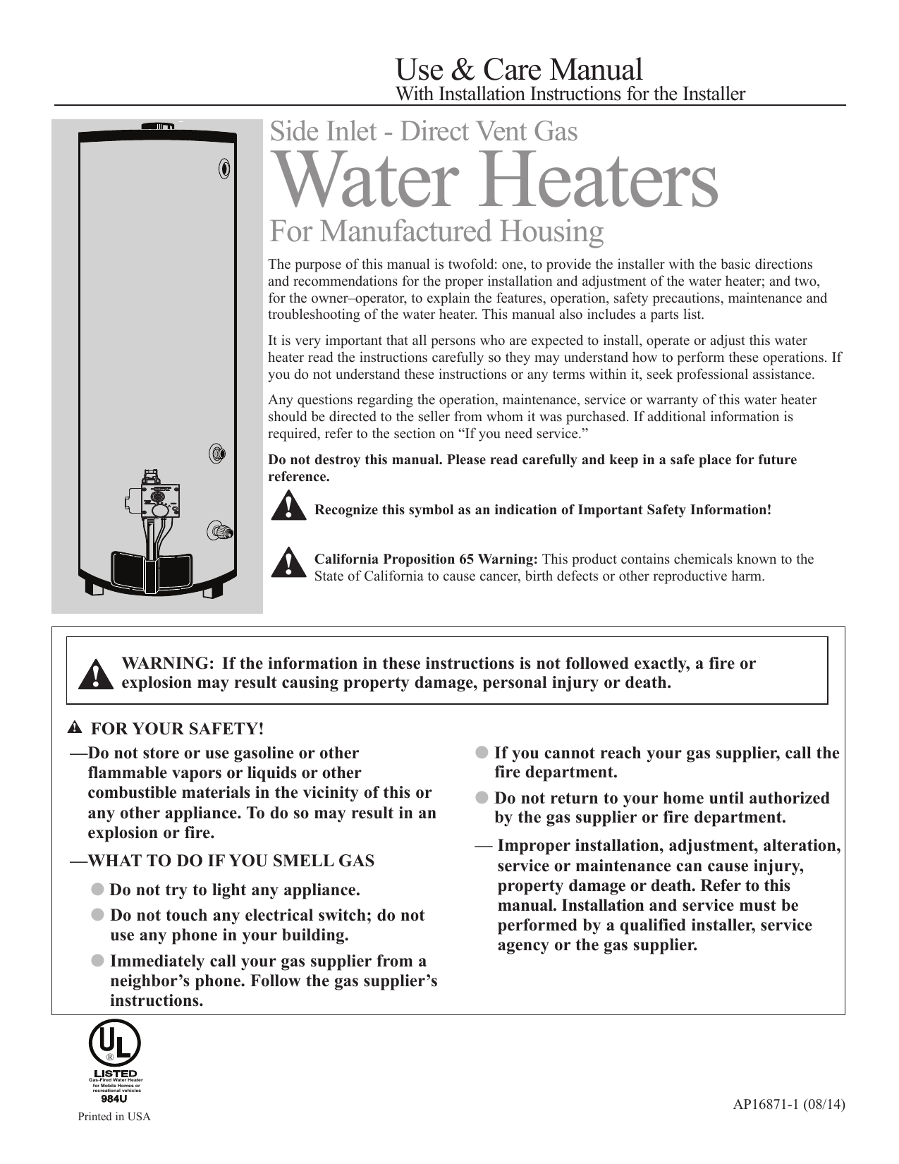 Rheem XG40T06MD30U1 Performance Manufactured Housing 40 Gal. Tall 6 Year  30,000 BTU Convertible Natural Gas/LP Direct Vent Tank Water Heater  Instructions / Assembly | Manualzz