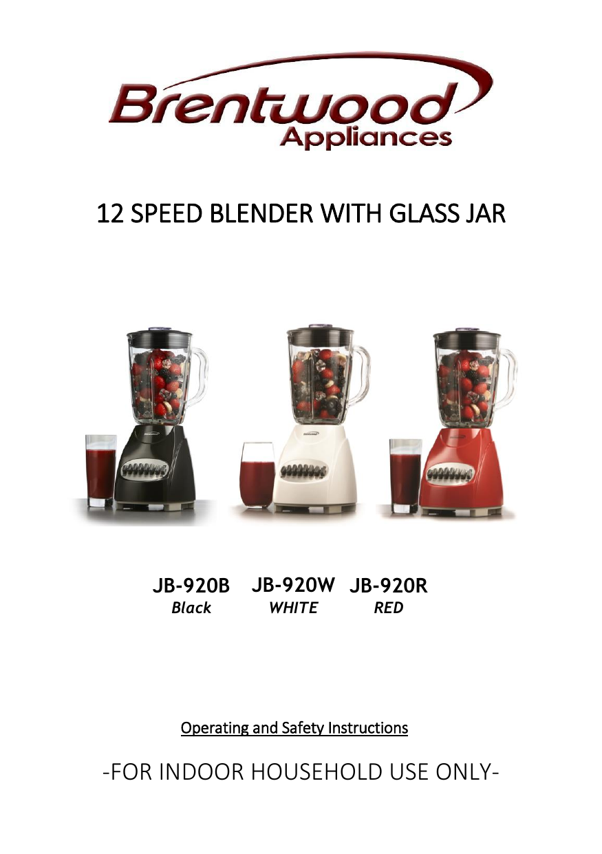 Brentwood JB 920W 12 Speed Blender with Glass Jar White