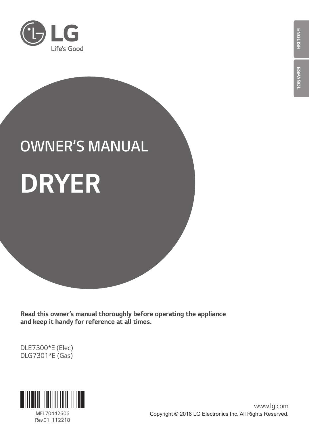 LG Electronics DLE7300VE, DLE7300WE, DLG7301WE, DLG7301VE User manual