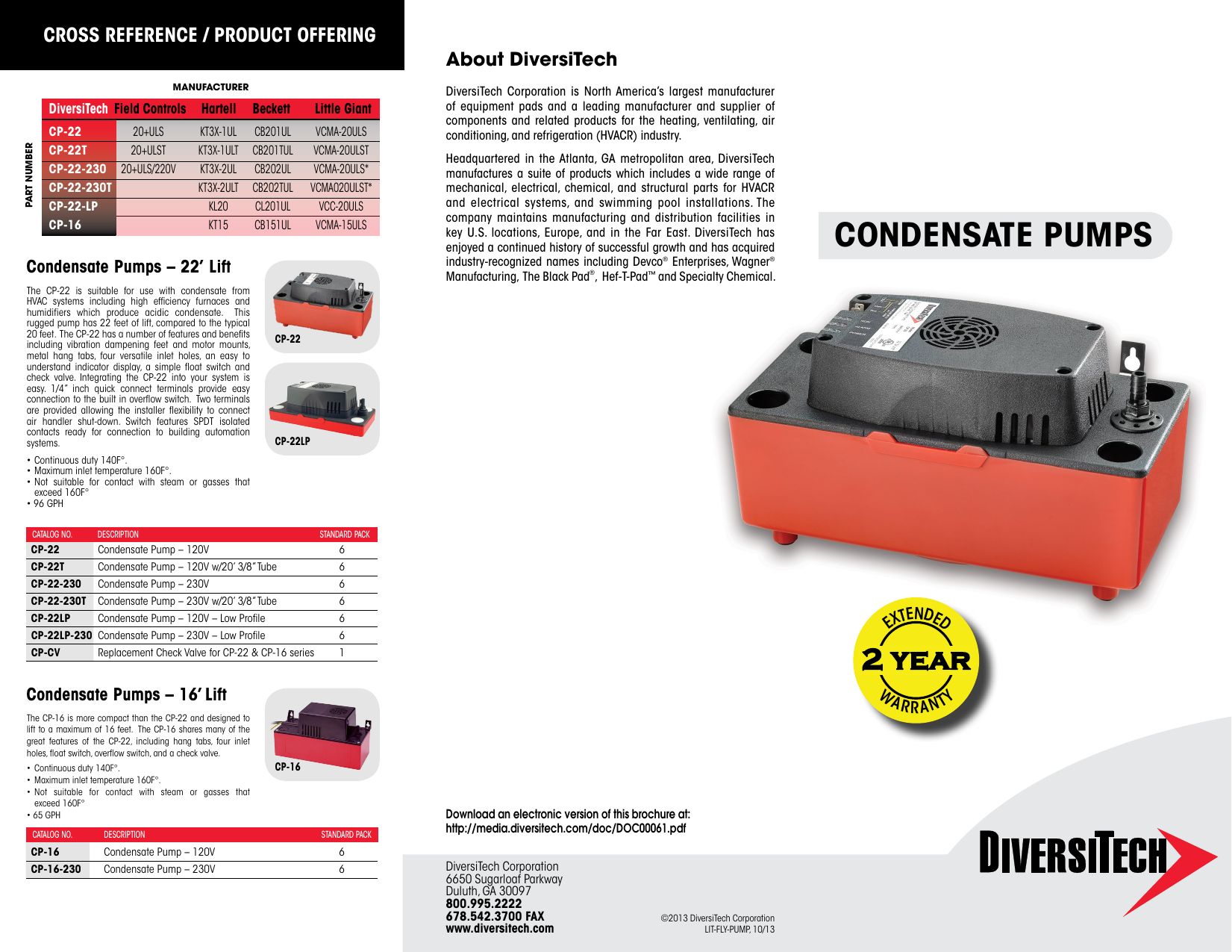 DiversiTech Cp-22t Condensate Pump 120 V 4 Inlet Holes 22 of Lift for sale online 